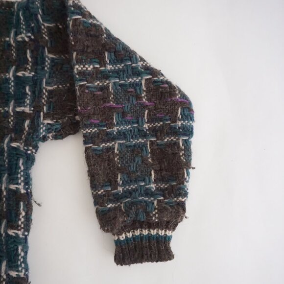 Vintage Wool Brown Teal Textured Grid Knit Sweater Cabincore Retro 80s/90s L - Picture 4 of 10